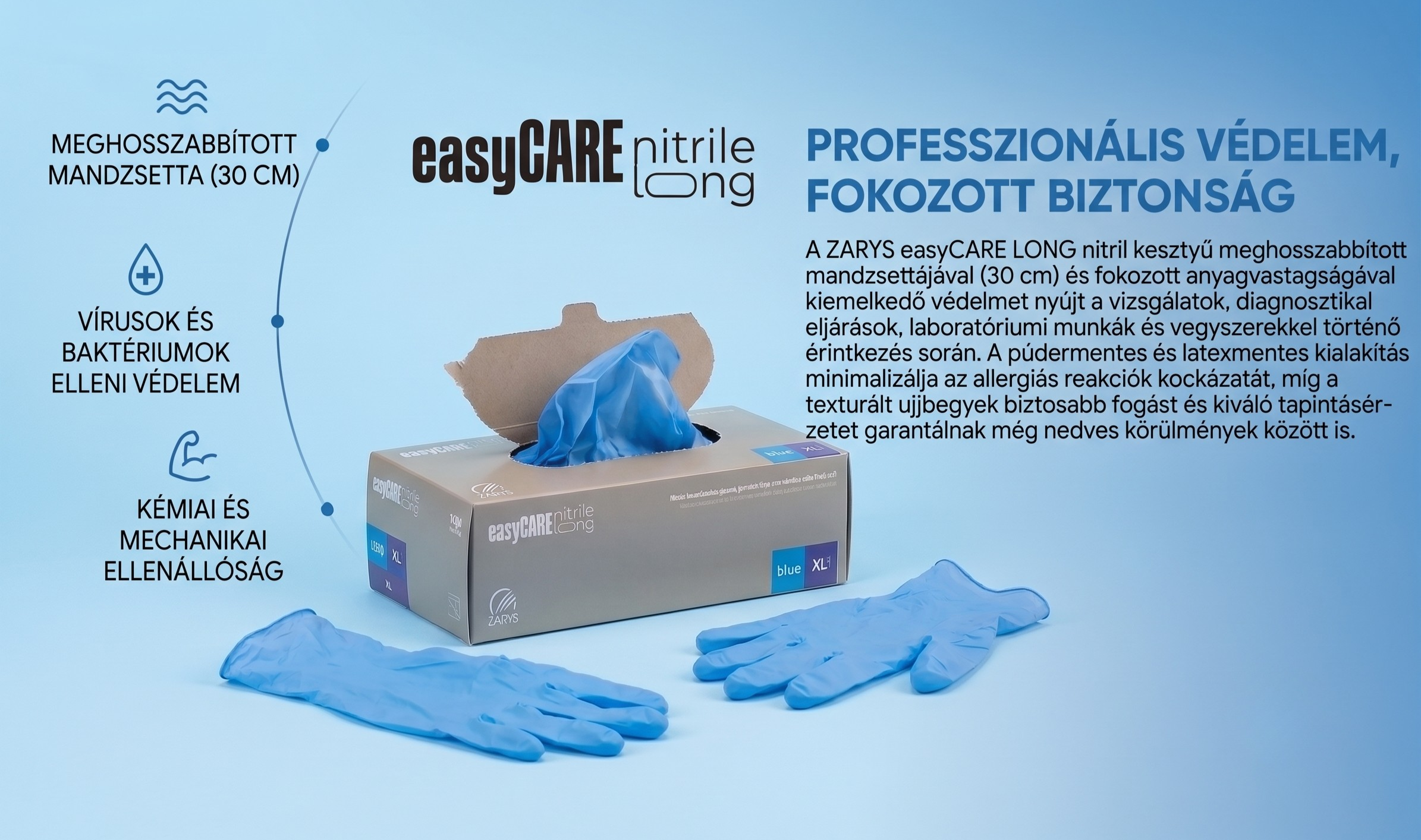 Zarys® easyCARE LONG, hosszított, kék, púdermentes nitril kesztyű L méret